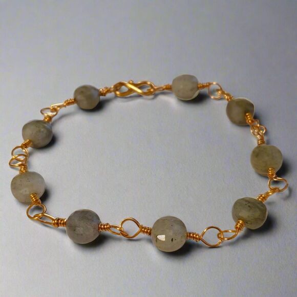 Handmade Labradorite Bronze Wire Wrapped Chain Bracelet Natural Gemstone Jewelry - Picture 3 of 8